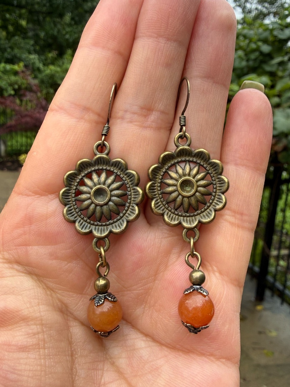 Bohemian Sunflower Drop Earrings with Orange Beads - Picture 3 of 5